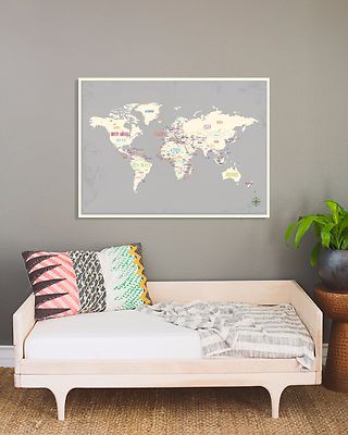 World Map Wall Art Paper Print in Gray 24x18'' World Travel Map Poster