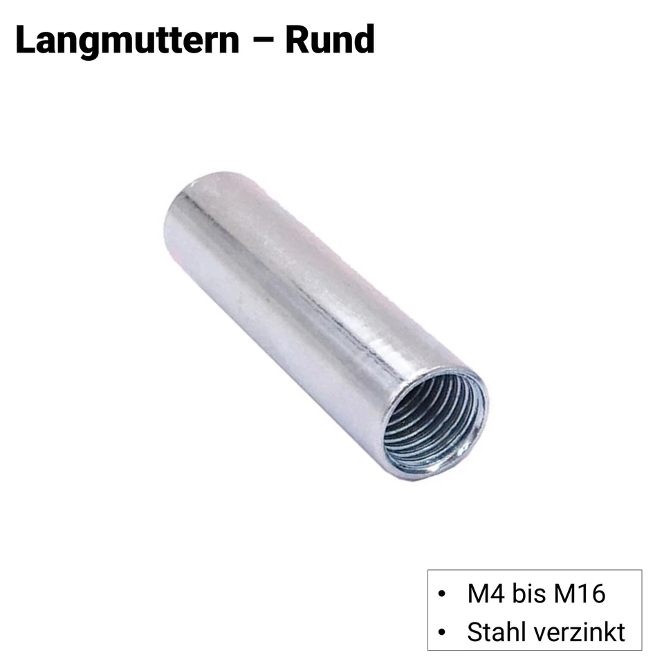 Langmutter Rund M4 M5 M6 M8 M10 M12 M16 Stahl Verzinkt - Verbindungsmuffen - Bild 2 von 4