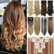 100% Real Natural Clip in Hair Extensions 8Piece Full Head Long As Human Hair US