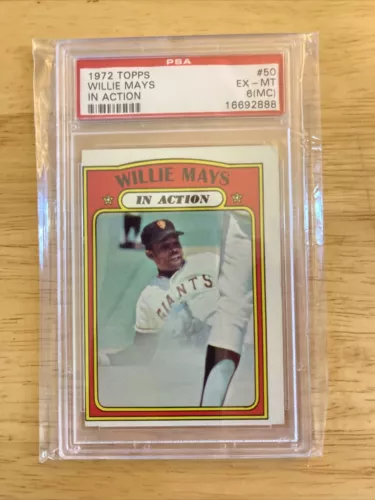 1972 TOPPS BASEBALL #50 WILLIE MAYS IN ACTION - HALL OF FAME - EX-MT PSA 6