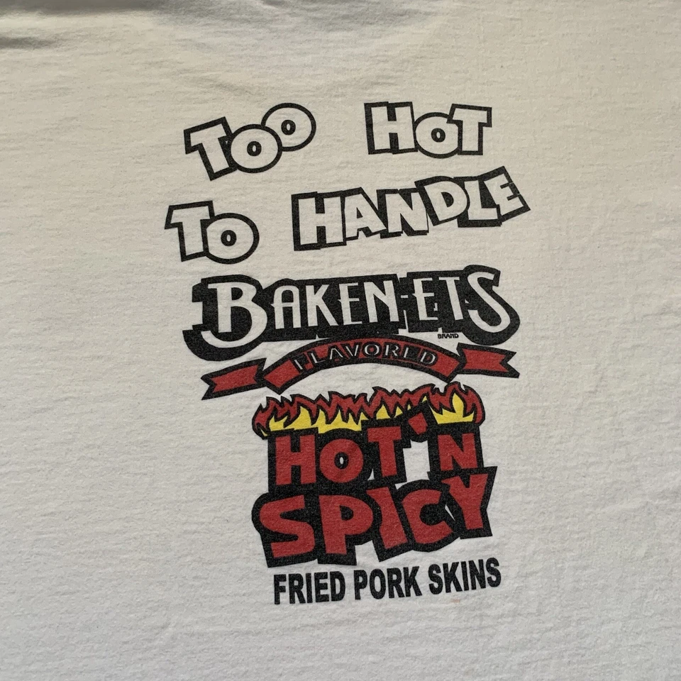Vintage 90s Baken-Ets Spicy Pork Rinds Shirt Size L Snack Food Skins Frito Lay — 第 2/4 张图片