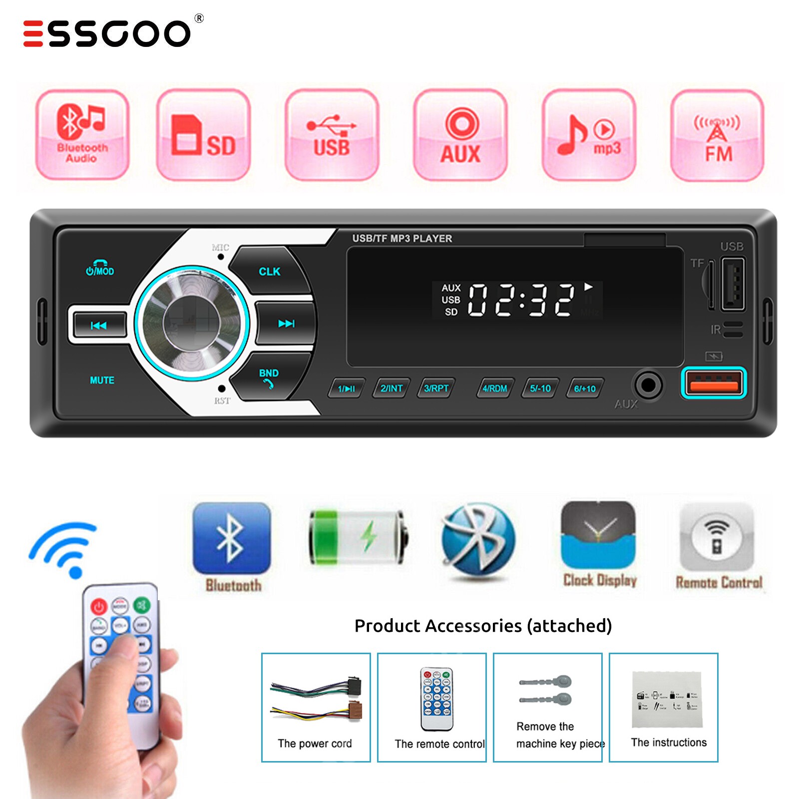 Autoradio 1DIN MP3 FM FM 2USB Bluetooth vivavoce telecomando TF AUX 7 colori