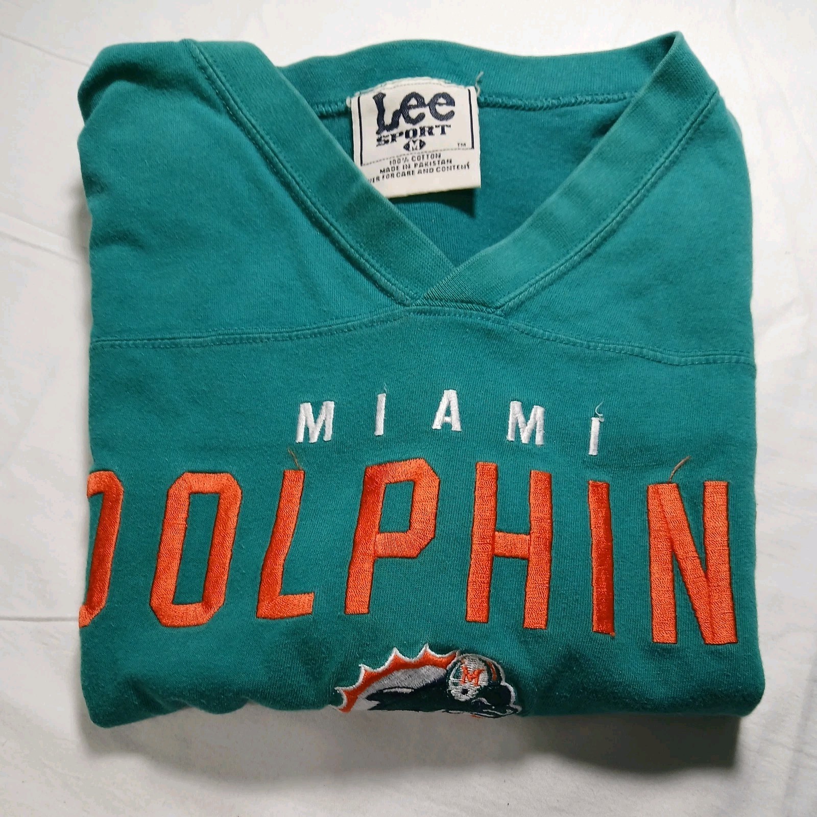  90s Lee Sport Embroidered Miami Dolphins T Shirt Teal w/ Striped Sleeves Medium thumbnail 9