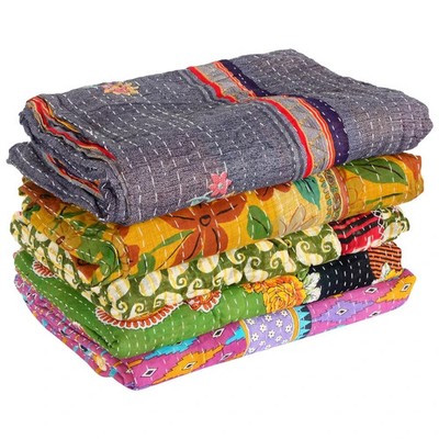 Indian Vintage Kantha Quilt Handmade Throw Reversible Blanket Bedspreads