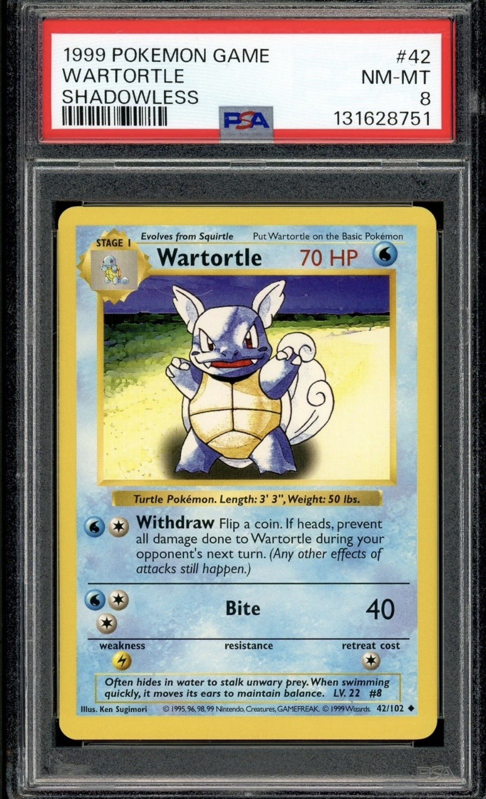 Wartortle 42/102 - Base Set Shadowless 1999 Pokemon Card English - PSA 8 NM MINT