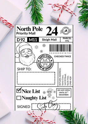 NORTHPOLE Santa North Pole Shipping Postage Post Present Label Personalised- FREE SHIPPING