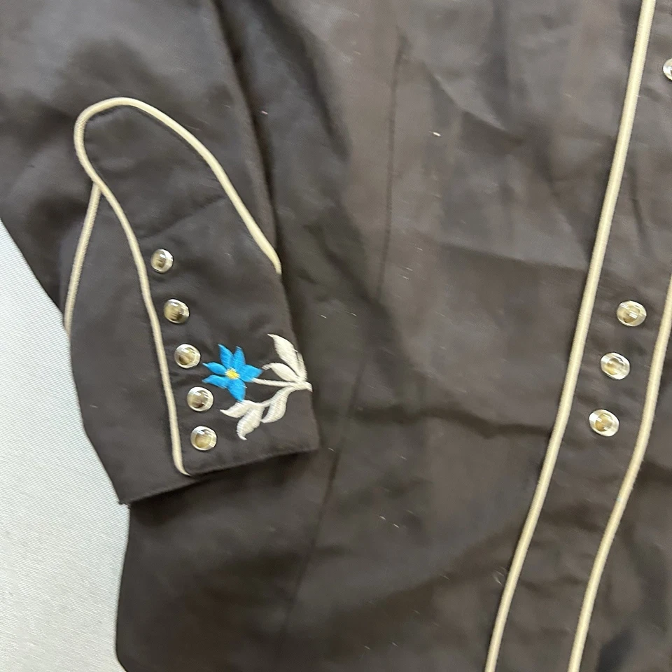 VINTAGE Roper Western Flower Embroidered Pearl Snap Shirt Large Mens Brown Blue - Image 3 of 4