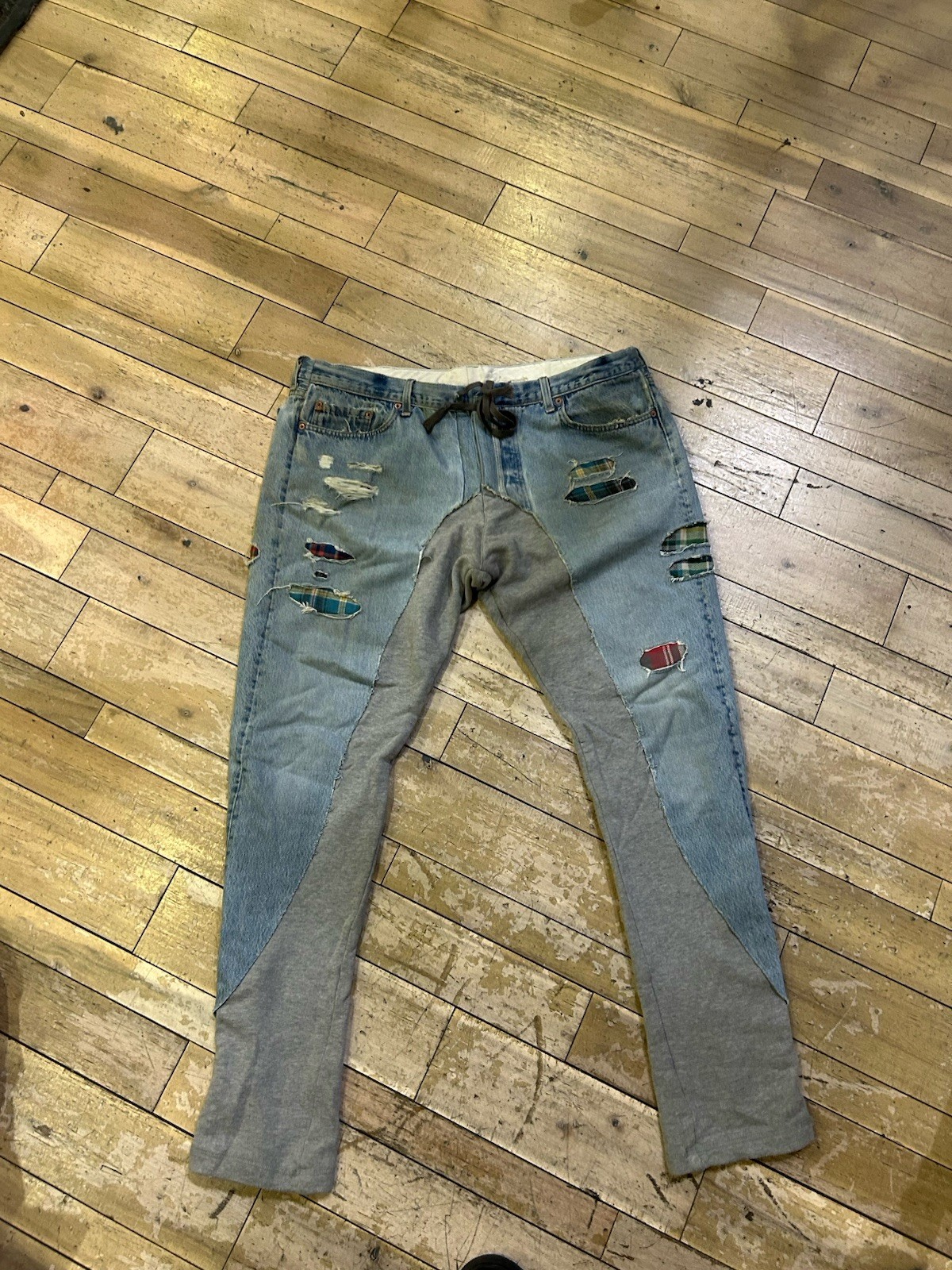 Size 4 - 36/38 W - Greg Lauren patchwork distressed-denim track pants
