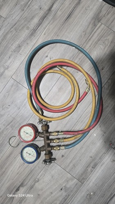 #ad #ad Robin Air HVAC Manifold Gauge Set R 12 R 22 R 502 3 Valve Brass Hoses Vintage $40.00