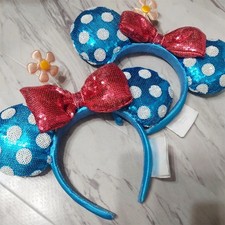 2PCS Disney- Parks Sunflower Blue  White Polka Dot Sequins Headband Minnie Ears