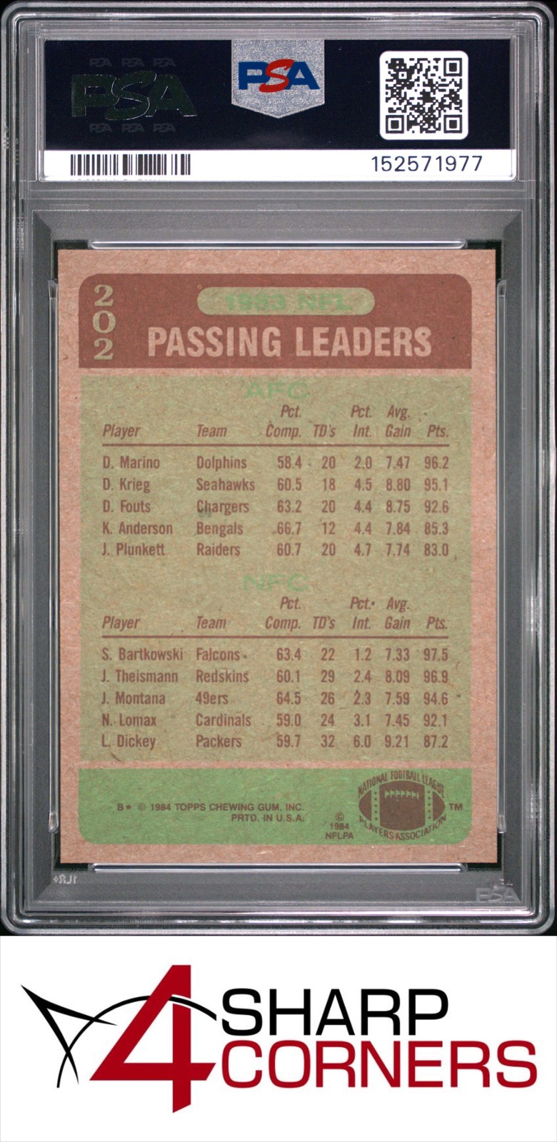 1984 TOPPS #202 DAN MARINO DOLPHINS HOF PSA 9 view 2