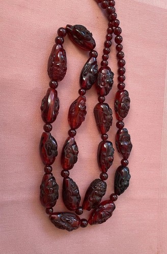 Vtg Chinese Buddha Monk Arhat Carved Cherry Amber Bakelite Beads 33” Necklace.u - Picture 7 of 12