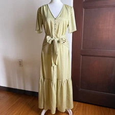 LOVE, WHIT | Citron Dot Yellow Jacquard Tie Front Ruffle Hem Midi Dress | Small