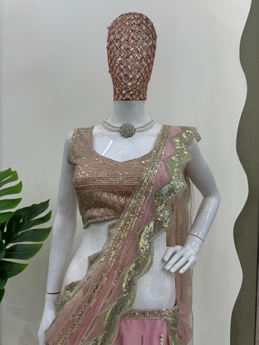 Designer Pre Drapped Saree Blouse Bollywood Party Wear Saree Ready To Wear Sari - Picture 7 of 7