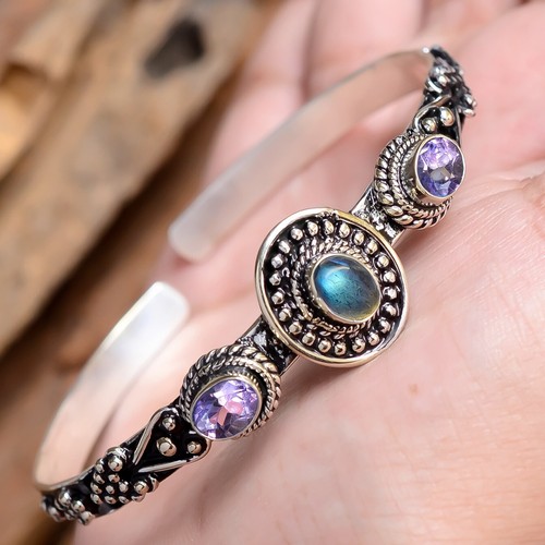 Labradorite & Faceted Amethyst Gemstone 925 Sterling Silver Woman Cuff Bracelets - Picture 3 of 5