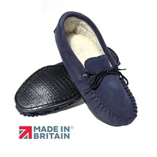 Mens Moccasin Slippers Navy Blue Hard Sole Real Suede Warm Lining Cooper UK