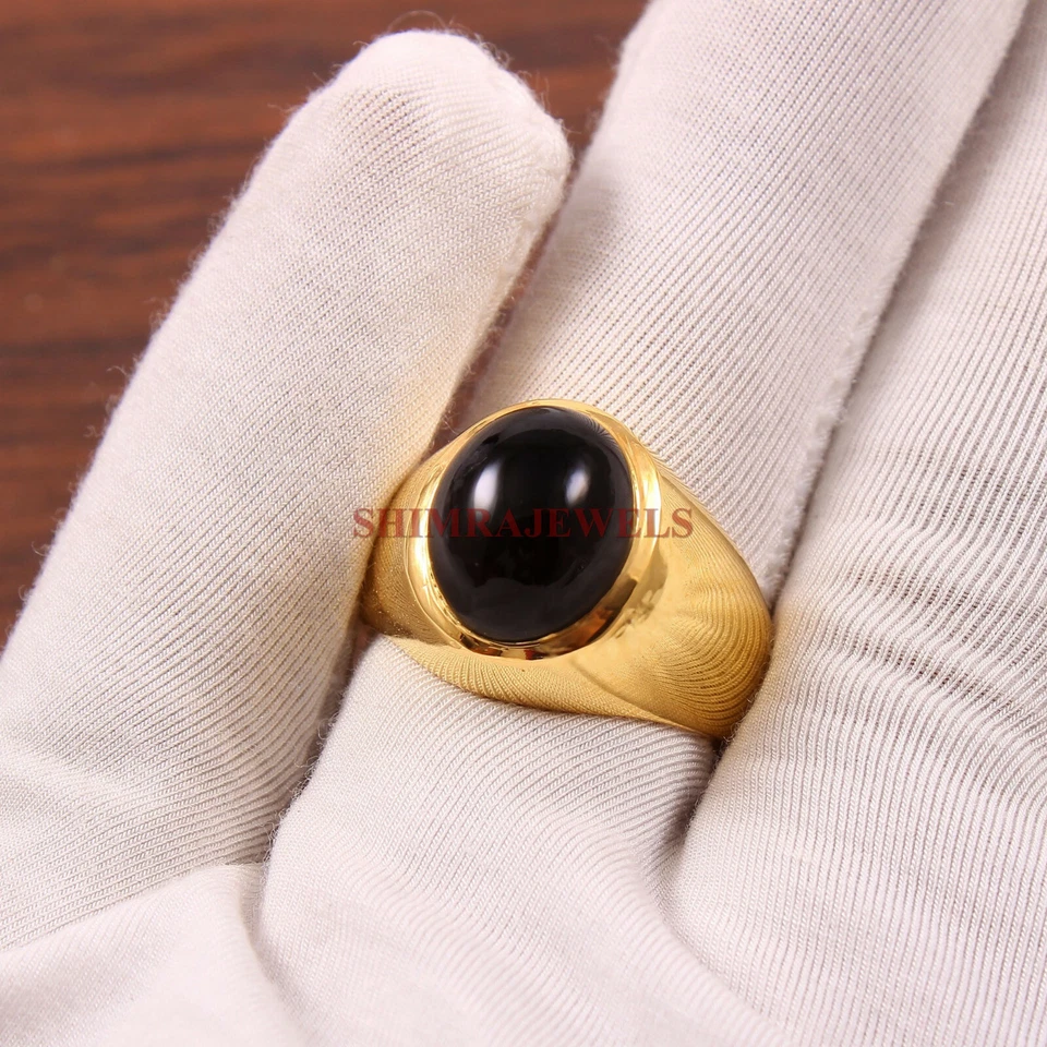 Anillo para hombre de plata de ley 925 chapado en oro con piedras preciosas de ónix negro natural #306 Foto 2 de 3