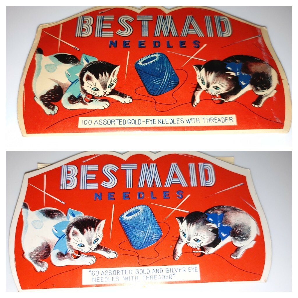 Vtg Bestmaid 100 & 60 Assorted Gold-Eye Sewing Needles Threader Cats Japan Lot 2