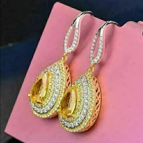6Ct Pear Cut Lab Created Citrine Drop/Dangle Earrings 14K Two Tone Gold Plated - Picture 3 of 7