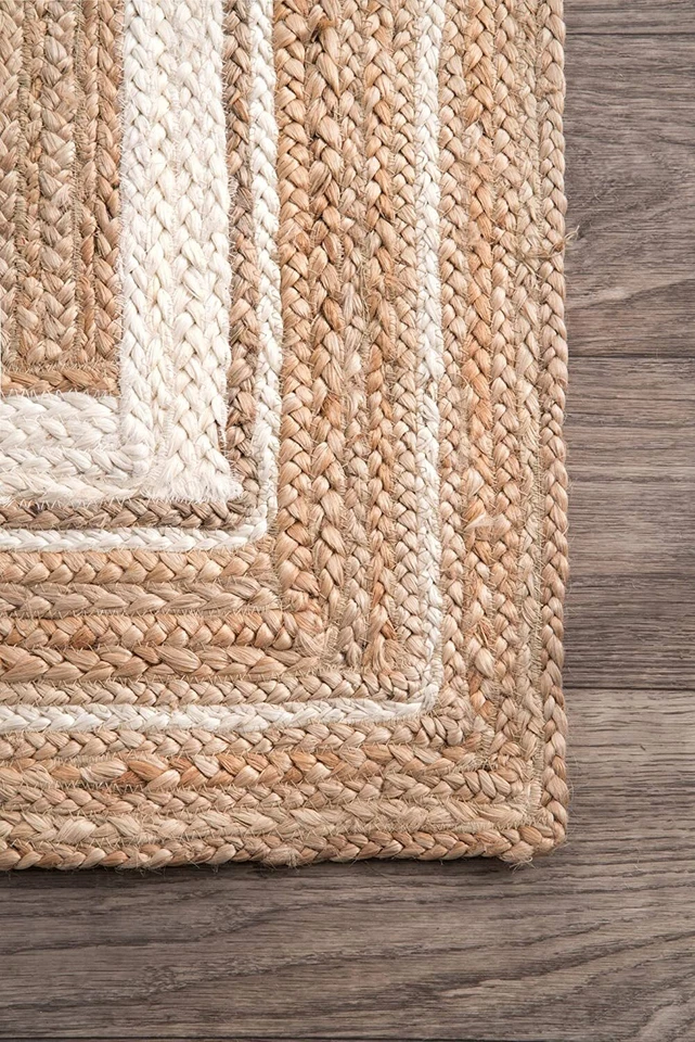 100% Natural Jute Rug Braided Rectangle Area Rug for Living Room Beige White - Image 4 of 4