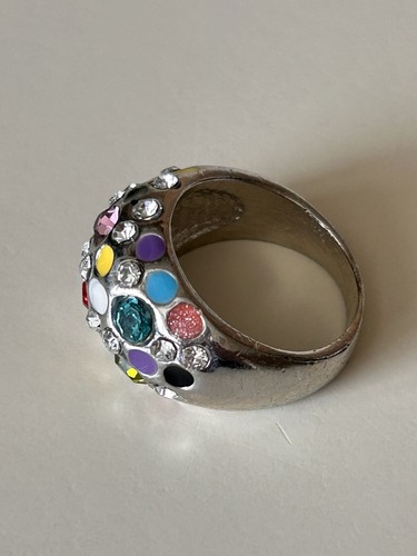 Colorful Enamel & Rhinestones Silvertone Tapered Domed Band Ring  8.5 Cocktail - Picture 2 of 7