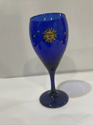 Vintage Libbey Celestial Blue Sun Moon Stars Wine Glass Goblet EXCELLENT Cdn.