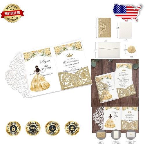 50 Laser-Cut Glitter Gold Invitations with Envelopes for Quinceanera & Sweet 16