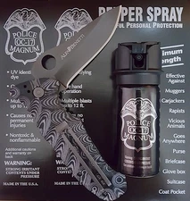 Alfa Benetti tactical folder knife Police Magnum 2oz pepper spray flip top 