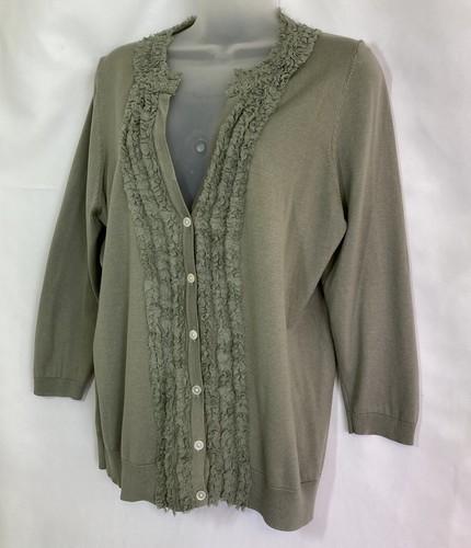 Talbots 3/4 Sleeve Green Button front ruffled cardigan sweater sz Large