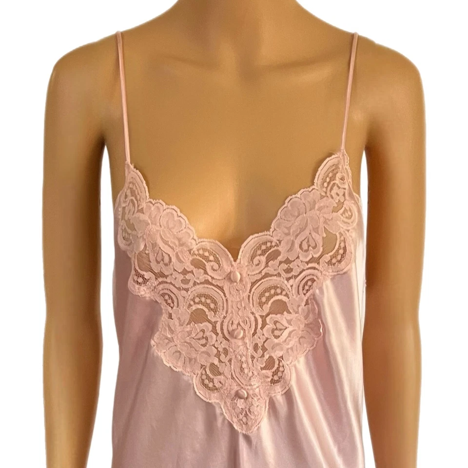 Vintage Indulgence Lingerie Dress 70s Pink Satin Lace Slip - Size Medium - Image 4 of 4