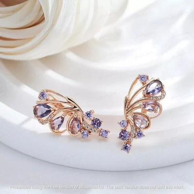 2Ct Pear Cut Lab Created Butterfly Wedding Earring Amethyst 14K Rose Gold Plated