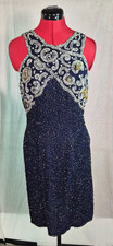 Vtg Laurence Kazar Blue Beaded 100 Silk Dress Size Large Petite Evening G153