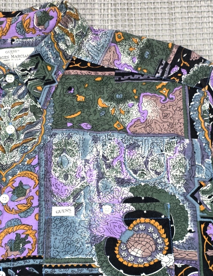 Vtg 90s Guess Georges Marciano Button Up Abstract Geometric L Short Sleeve Shirt - Image 4 of 4