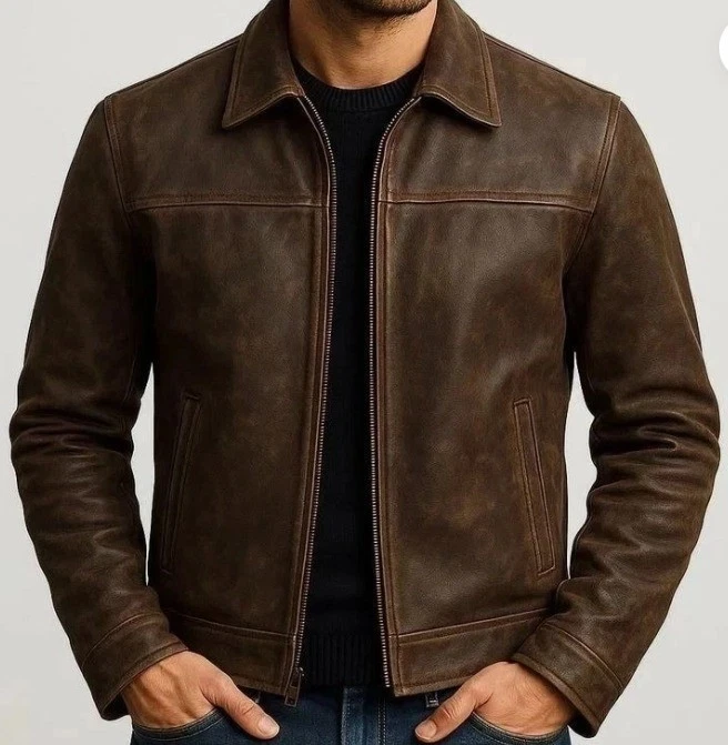 Men's Real Motorcycle Cafe Racer Distressed Brown Genuine Leather Biker Jacket
Opens in a new window
