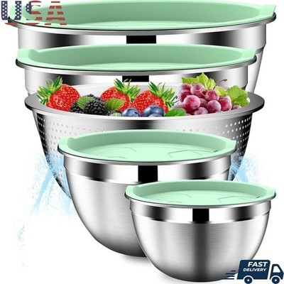 Stainless Steel Mixing Bowls Set W/ Lids & Colander Kitchen Essentials New