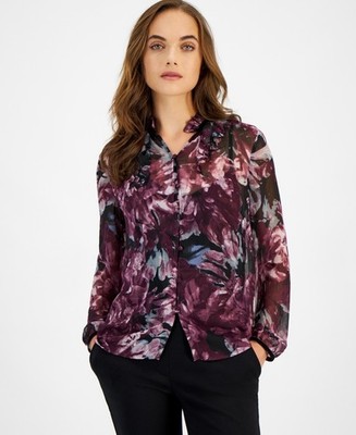 Anne Klein Women's Printed Long Sleeve Button-Front Shirt Black Size L MSRP $99
