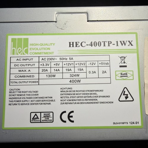 HEC HEC-400TP-1WX 400 Watt ATX PC Computer Netzteil SATA Molex Floppy* nt1696