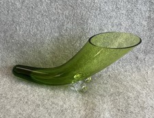 💜 SALE Vintage 1970s Green Glass Cornucopia Horn Of Plenty Flower Vase