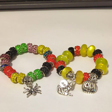 Lot Of 2 Halloween Multicolor Beaded Charm Bracelets w/ Dangle Charms