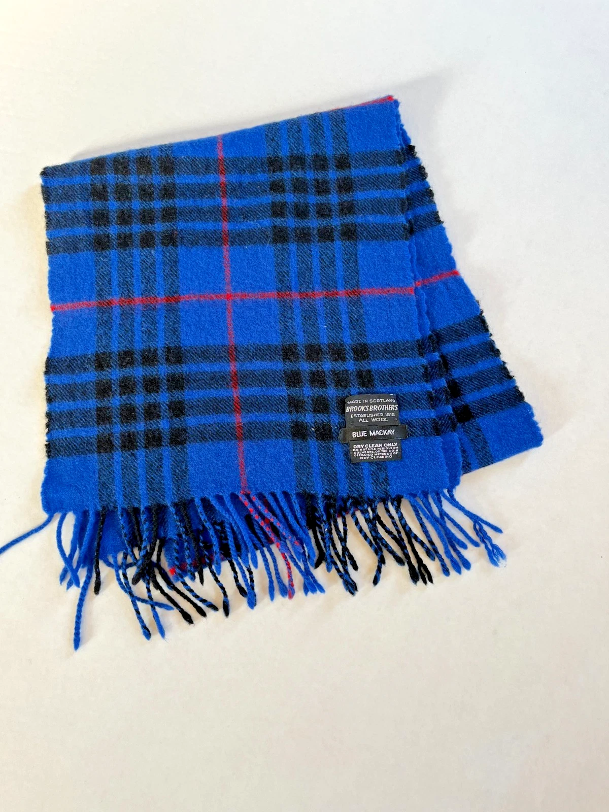 Vintage Brooks Brothers Wool Scotland Scarf Blue Mackay Plaid Check Fringed