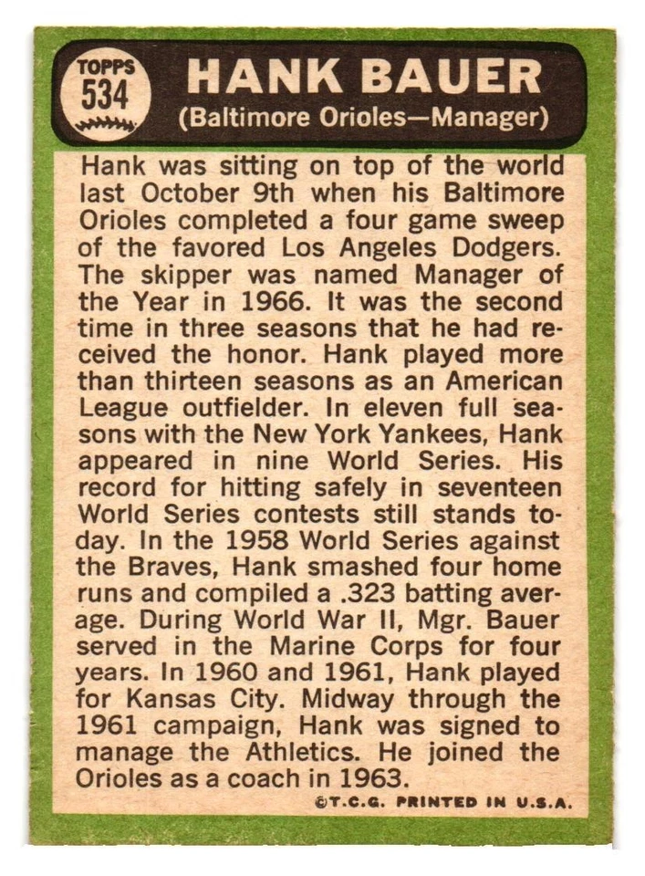 1967 Topps бейсбольный набор высоты #534 Хэнк Бауэр VG-EX Baltimore Orioles Бесплатная доставка - Изображение 2 из 2
