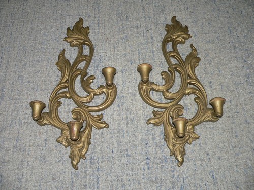 Pair of Vintage Syroco Wood Gold Hollywood Regency Triple Candle Wall Sconces
