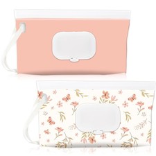 FEBSNOW 2 Pack Baby Wipes Dispenser Holder, Portable Refillable Pink Flower
