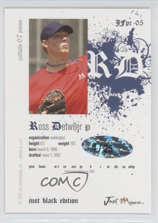 2007 Just Minors Justiable '07 预览黑色 /25 Ross Detwiler #JFPR-05 签名 — 第 2/2 张图片