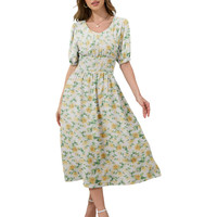 Damen Sommerkleid Midi Ausgestellt Luftig Blumen Weiß L