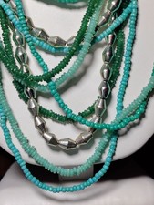 Kenneth Cole MultiStrand Green Turquoise Glass Bead Silvertone Statement Necklce
