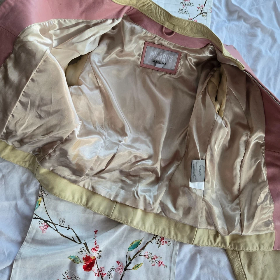 Wilson's RARE Vintage Pink Leather Maxima Star Distressed Jacket Size Small - Image 2 of 4