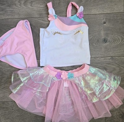 Cat & Jack 2T Unicorn 3pc Swimsuit Set Top Tutu Swim Skirt Bottoms Pastel Pink
