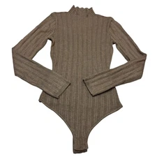 House of Harlow 1960 Bodysuit Womens Small Ribbed Mock Neck Long Sleeve Taupe