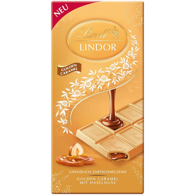 LINDT LINDOR ~ Golden Caramel Schokoriegel ~ 100 g ~ Karamell & Haselnüsse ~ Neu